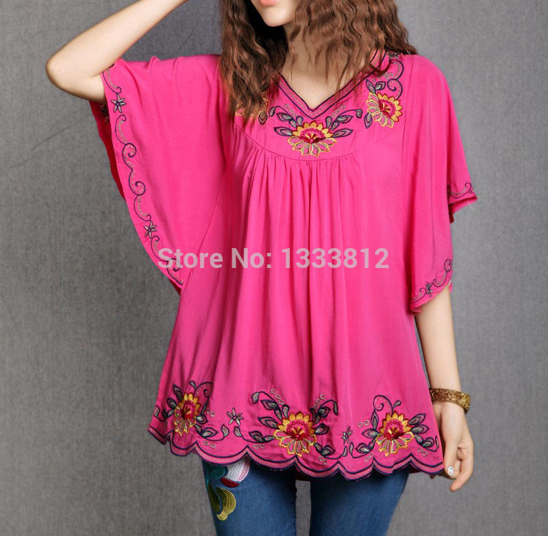 2026 Blouse Tunique Femme en Coton, Style Vintage Mexicain, Broderie Florale Ethnique, Coupe Ample Décontractée Bohème, Manches Chauve-souris, Blusa Mujer