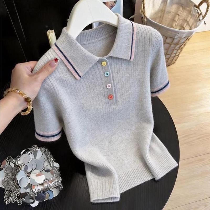 Tunique élégante pour femme, nouvelle collection été, col rabattu boutonné, t-shirt polyvalent à manches courtes, patchwork uni