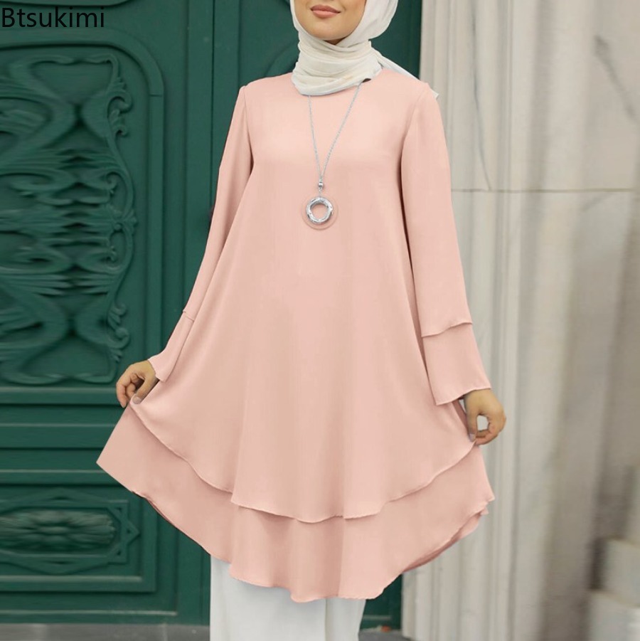 Nouvelles femmes musulmanes Blouse mode deux couches Design élégant femme vacances fête solide chemise hauts turquie longue Robe Abaya Hijab 2026