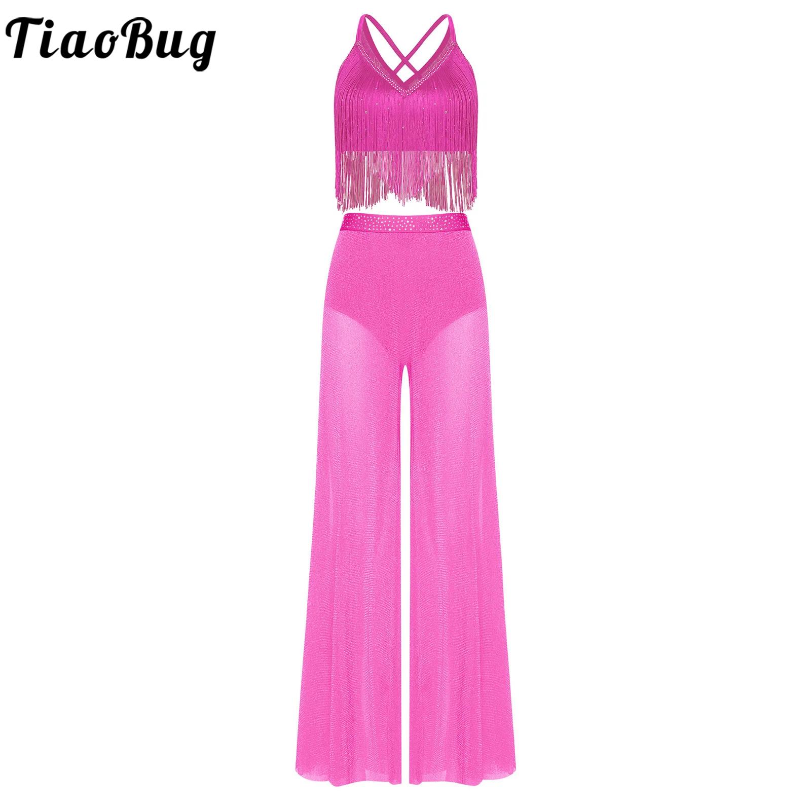 Tenue de danse de ballet lyrique pour femmes, haut court sans manches à franges et pantalon en maille avec culotte intégrée, Costume de danse Jazz moderne