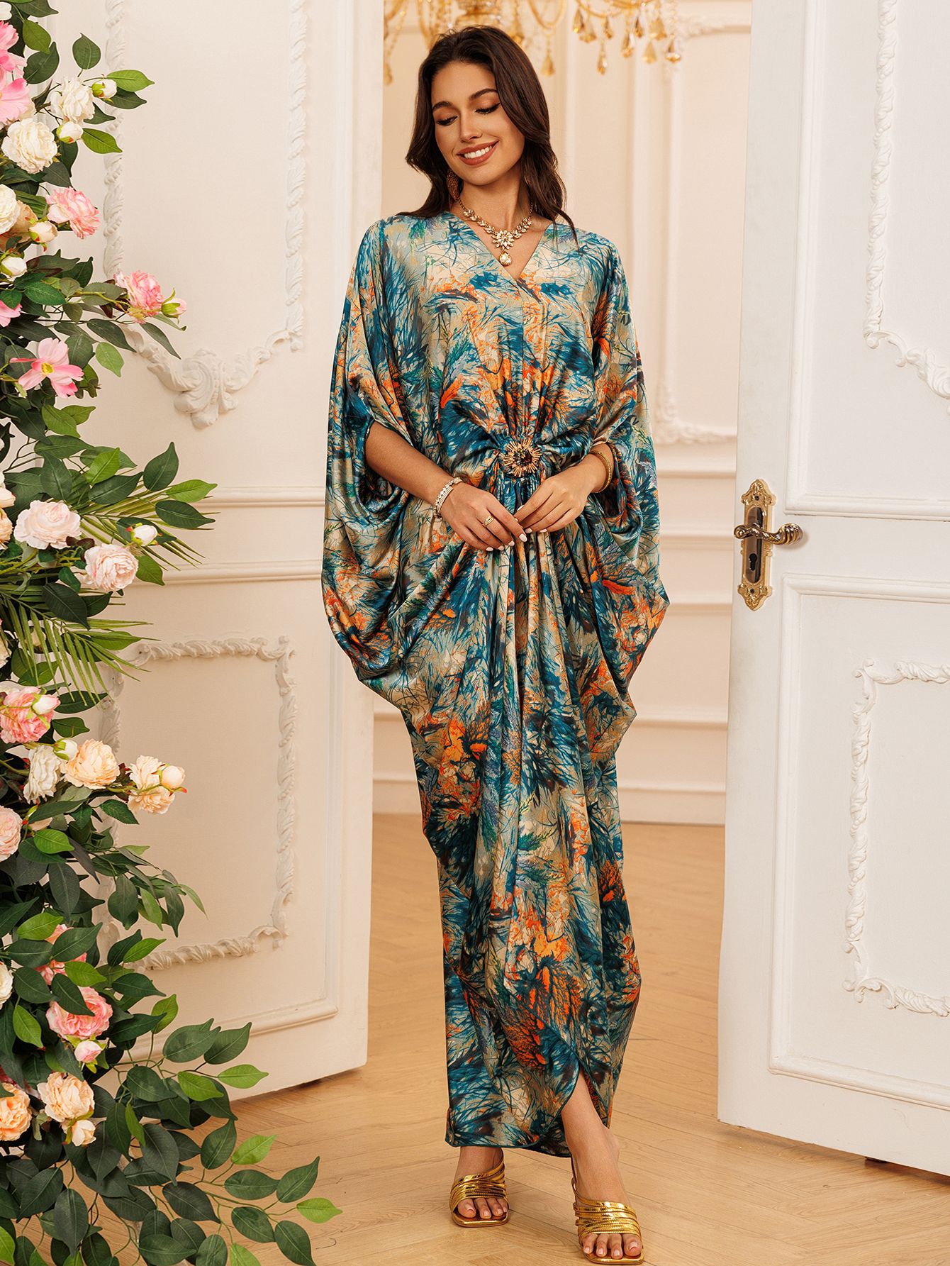 Eid femmes Robe musulmane Abaya imprimer col en V fête Jalabiya Ramadan robes longues Abayas robes Largos caftan arabe longue Robe 2025