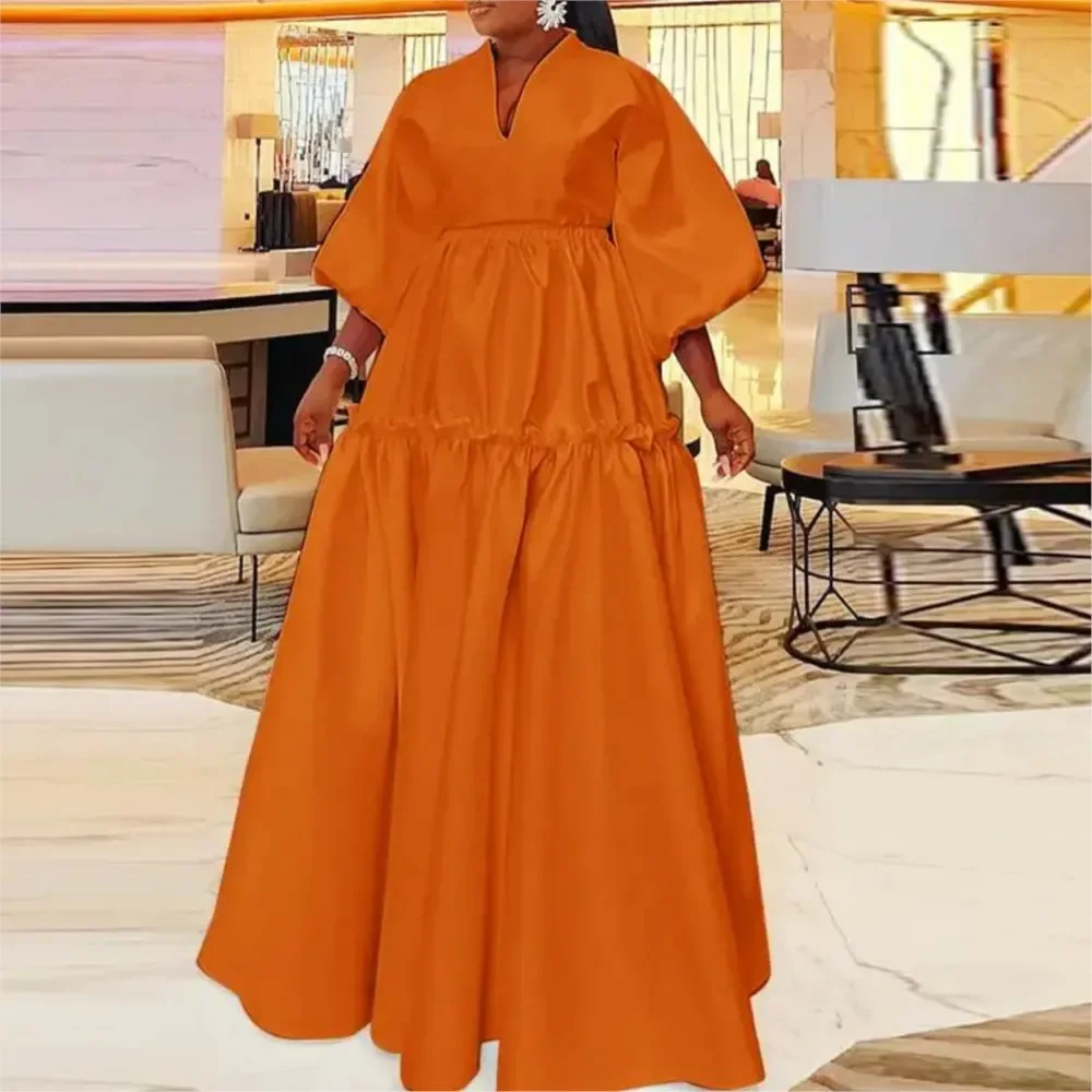 Mode Simple couleur unie Falbala longue robe femmes nouveau printemps été ample taille haute décontractée Maxi robes