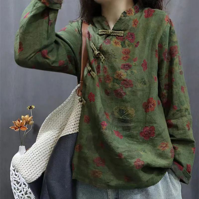 Chemisier Femme Style Ethnique à Motifs Floraux, Col Asymétrique Rétro, Nouveauté Printemps-Automne, Hauts Littéraires en Coton et Lin
