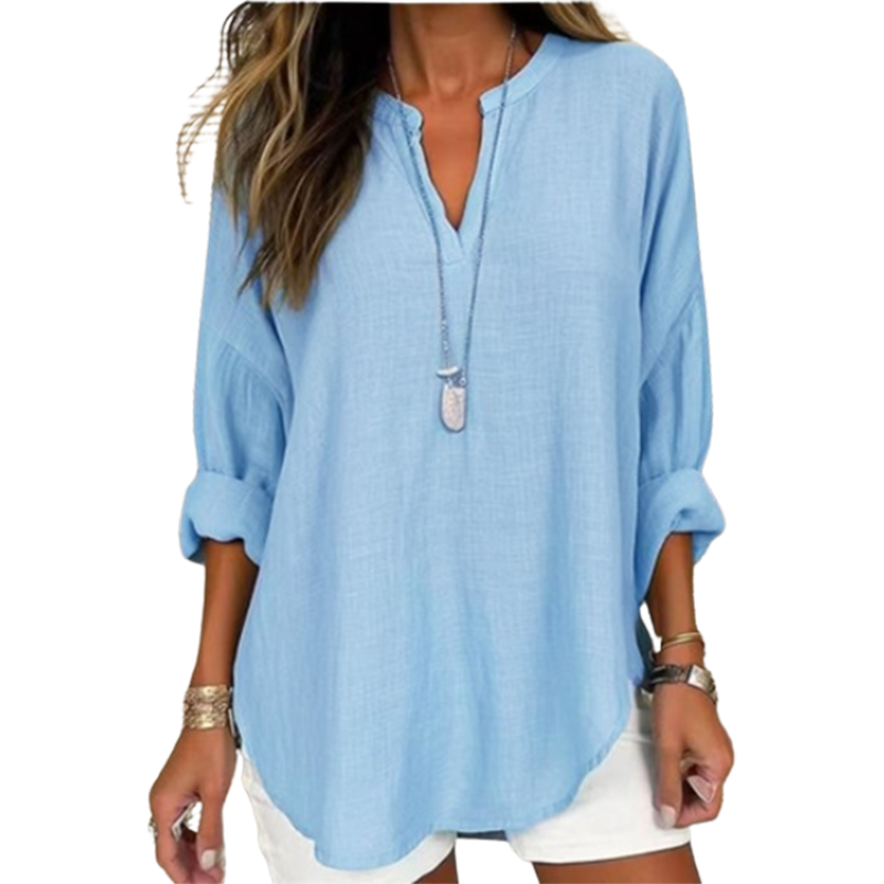 T-Shirt manches longues col en v pour femmes, décontracté, ample, mode automne, haut bleu élégant, vêtements de travail pour dames de bureau