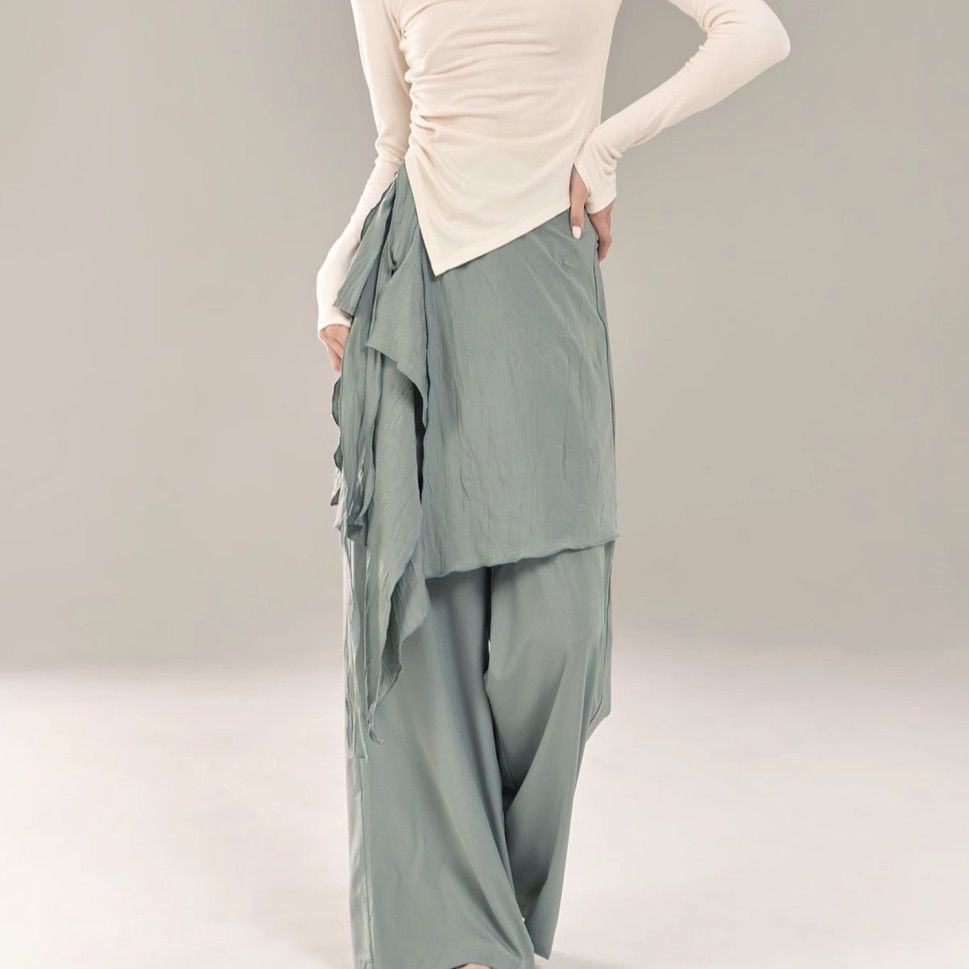 Faux jupe deux pièces pour femmes, pantalon de danse moderne, avec jambes larges, cravate à la taille, taille haute, entraînement élégant, couleur unie