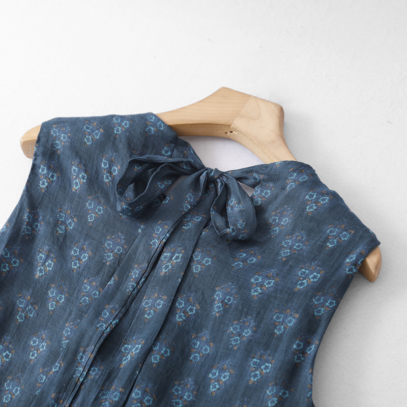 Robe longue rétro à imprimé floral pour femme, sans manches, taille haute, coupe ample, style décontracté, en mélange de coton J271