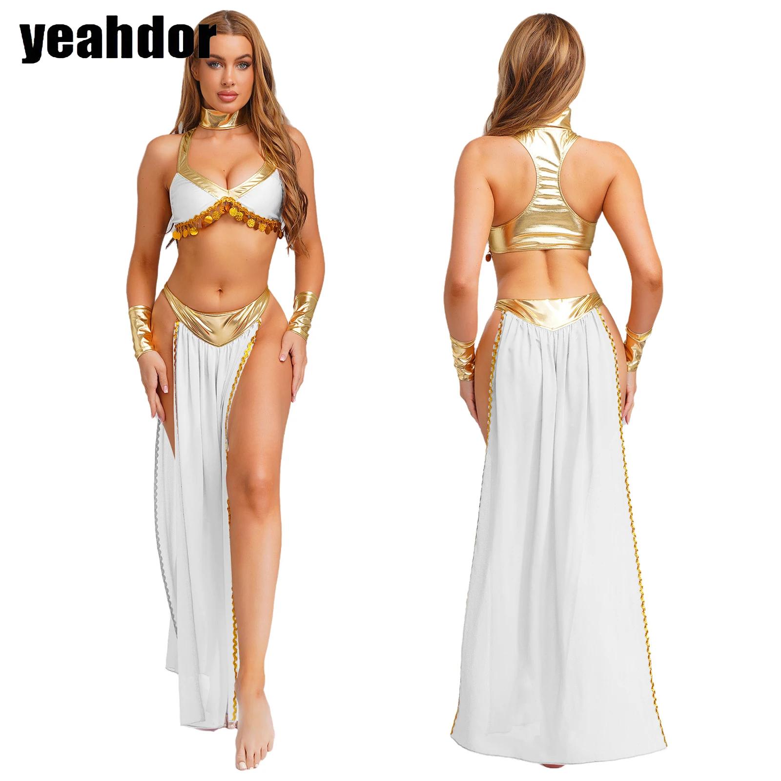 Tenues de Cosplay reine égyptienne antique pour femmes, haut court à col avec jupe en mousseline de soie, métallique brillant, danse du ventre indienne