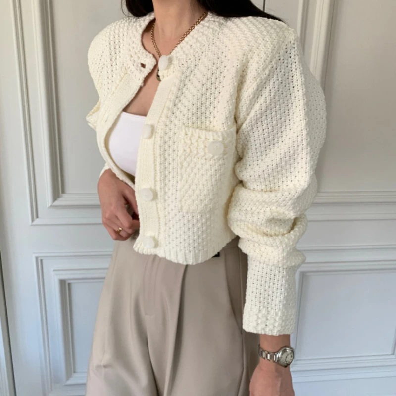 Cardigan court avec poches pour femme, mode coréenne, tricoté, col rond, manches longues, Simple, couleur unie, pull, livraison directe
