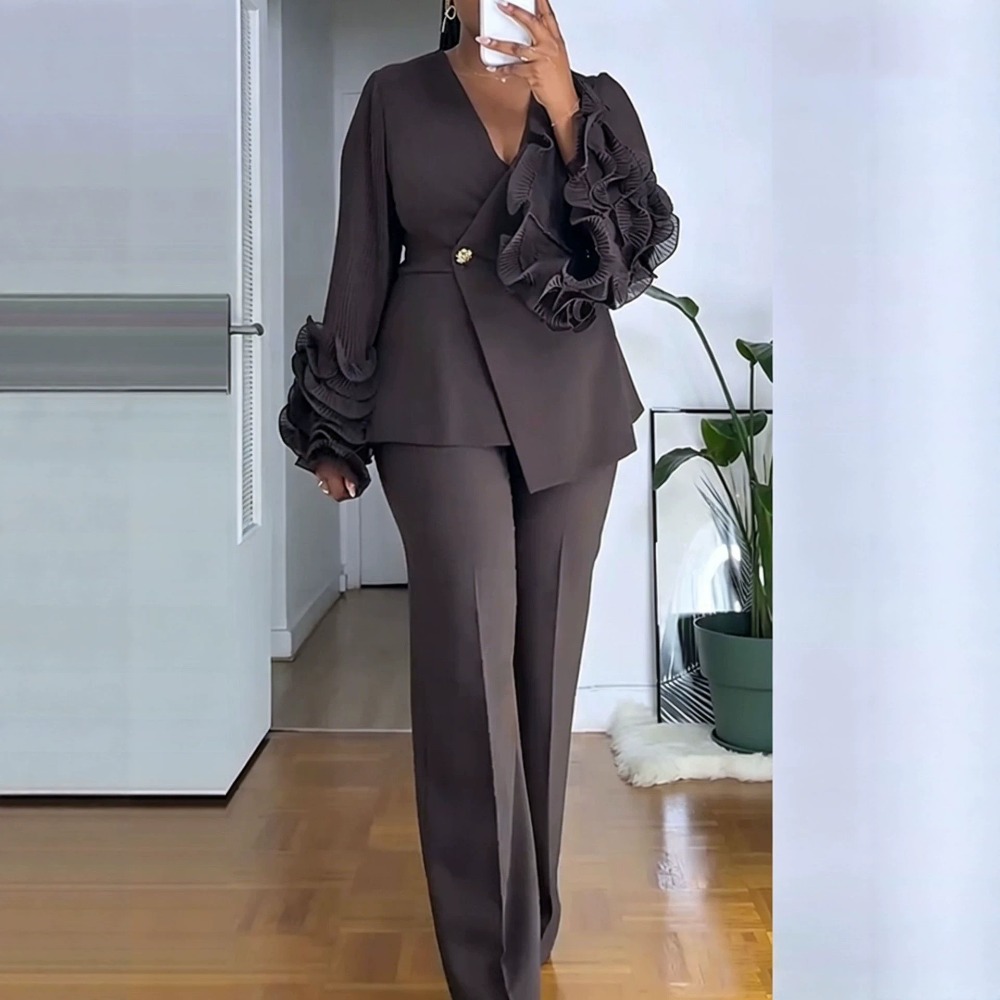 Costume pantalon 2 pièces pour femme, blazer à manches longues à volants en V profond, pantalon droit taille haute, ensemble de tenue de bureau élégante et formelle