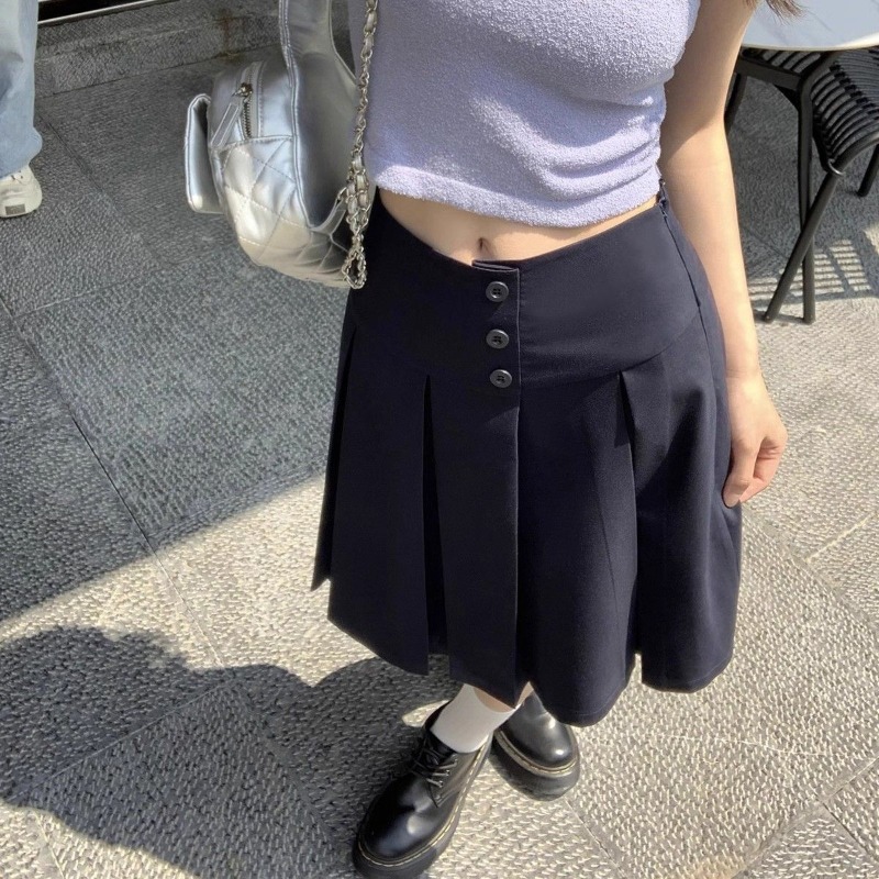 Jupe mi-longue plissée taille haute pour femme, style preppy, bleu foncé, pour le bureau ou décontractée, été