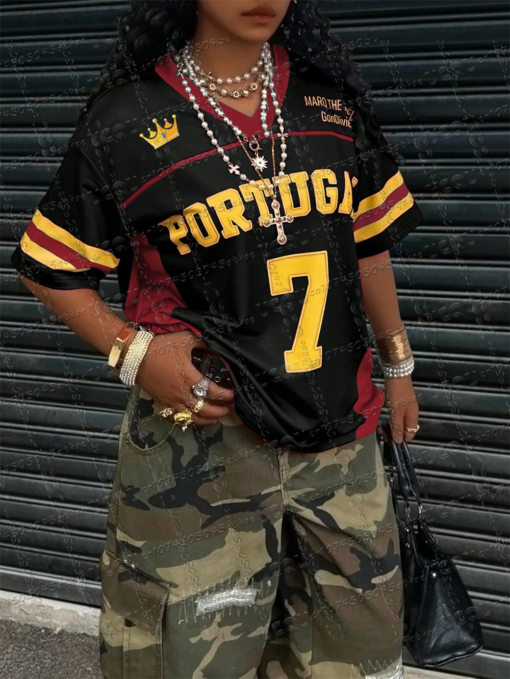 T-Shirt d'été en Jersey de couleur contrastée pour femmes, lettre PORTUGAL imprimée, manches courtes, col en v, ample, mode de rue, haut polyvalent