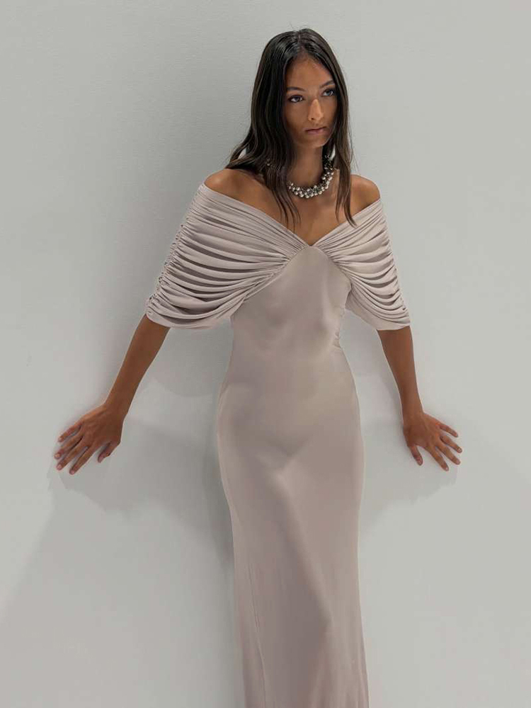 Robe longue élégante froncée Kliou pour femme, col bateau, dos nu, demi-manches, taille haute, style décontracté quotidien, simple et tendance, Vestidos