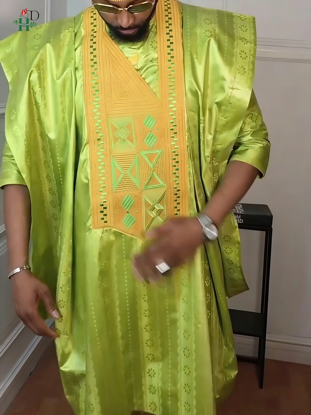 H & D vêtements africains pour hommes traditionnel Bazin Riche broderie Design haut à manches longues vert 3 pièces ensemble musulman Abayas Thobe 2026