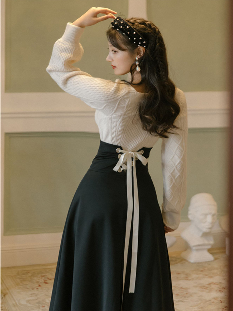 Ensemble deux pièces vintage pour femme, pull blanc à manches longues, pull et jupe maxi bandage noir, tenues élégantes pour femme, hiver