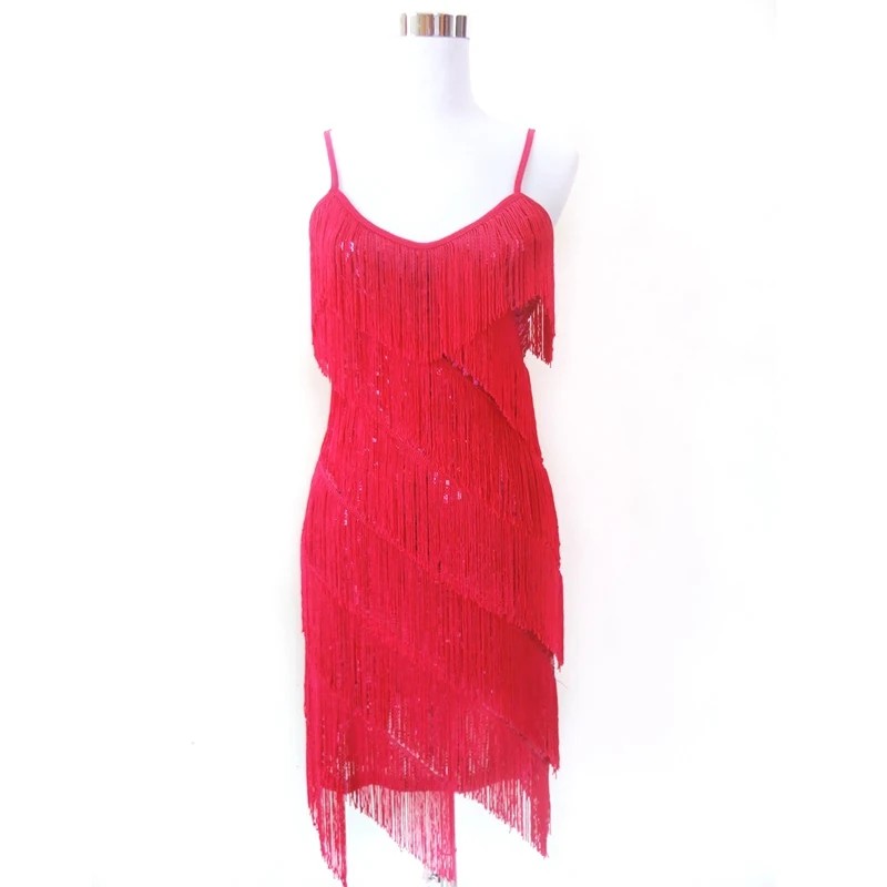 Robe Latine à Franges et Volants pour Femme, Vêtement Sexy, à Plusieurs Niveaux, Boîte de Nuit, Danse, Costumes Fantaisie, Col en C, Paillettes