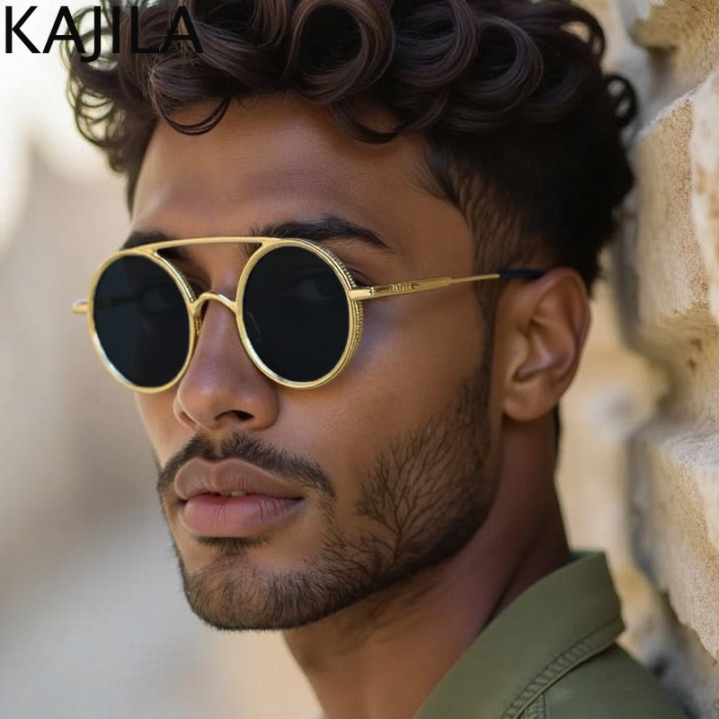 Petit Rond Steampunk lunettes de Soleil Hommes 2025 De Luxe Marque Vintage En Métal Cadre Punk Lunettes de Soleil pour Mâle Double Faisceau Nuances UV400