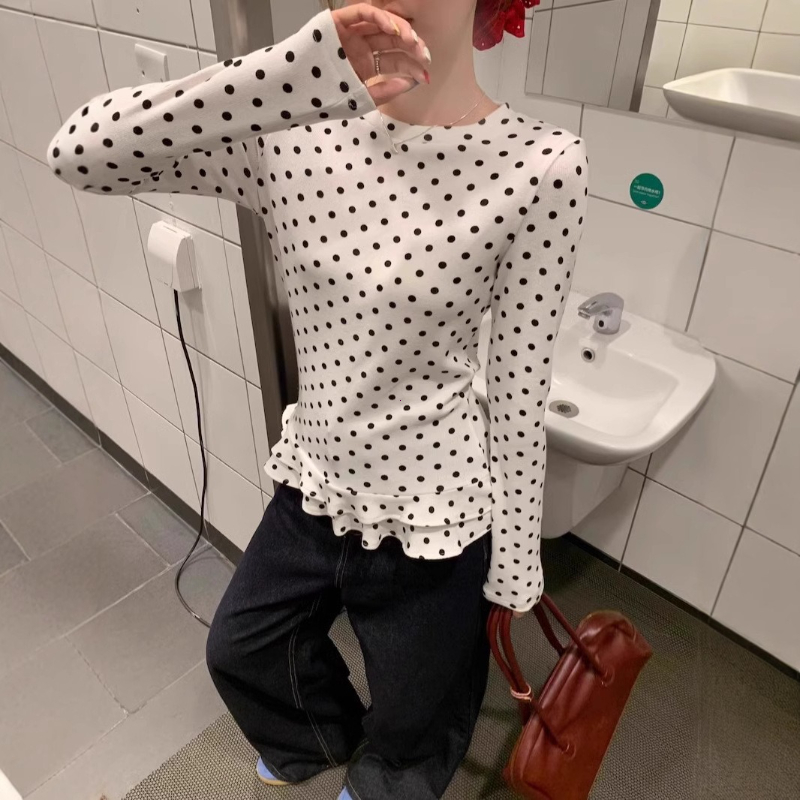 Style coréen nouveau T-Shirt à manches longues à volants pour femmes à pois mince intérieur haut chemises douces femmes vêtements mилы© топ