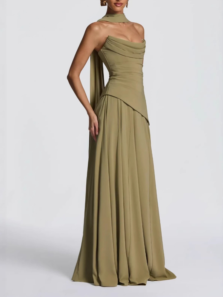 Robe de soirée élégante en mousseline simple, sans bretelles, col drapé, détail drapé, dos lacé, écharpe convertible, robe longue pour bal et mariage