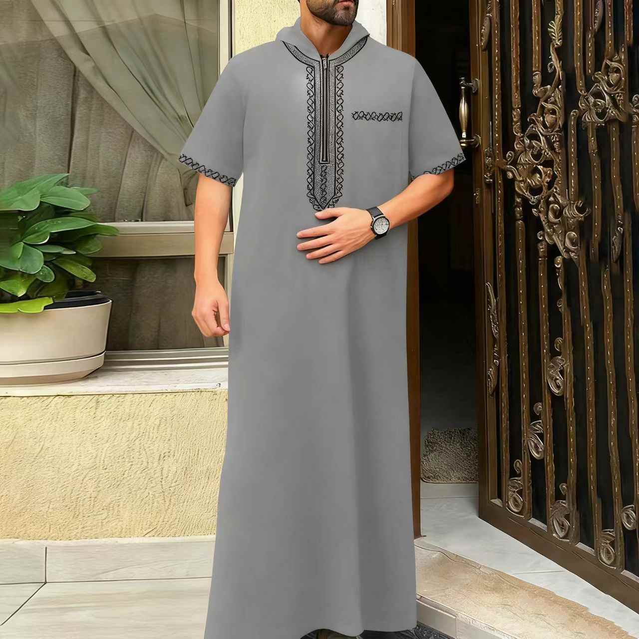 Caftan décontracté ample pour hommes musulmans, manches courtes, brodé, capuche, fermeture éclair, vêtements de Style ethnique islamique, 2025