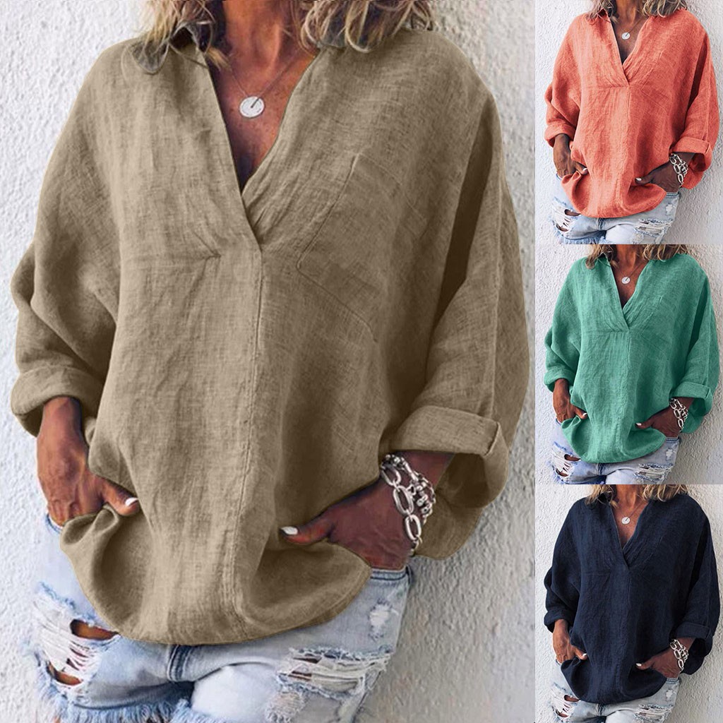 Chemises d'été à la mode pour femmes, couleur unie, col en V, manches longues, décontractées, amples, Style Boho, coton et lin, simples et élégantes