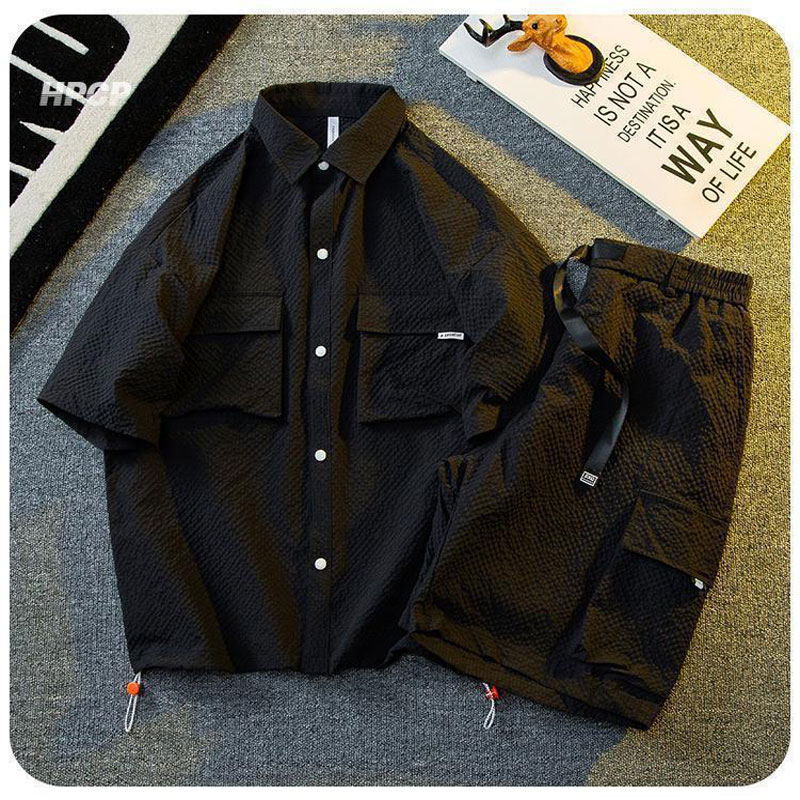 Texture Ice Silk Workwear Suits Men Short sleeve Shirt And Shorts Two-piece Set Summer Cool Quick Drying Loose Outfits Oversize