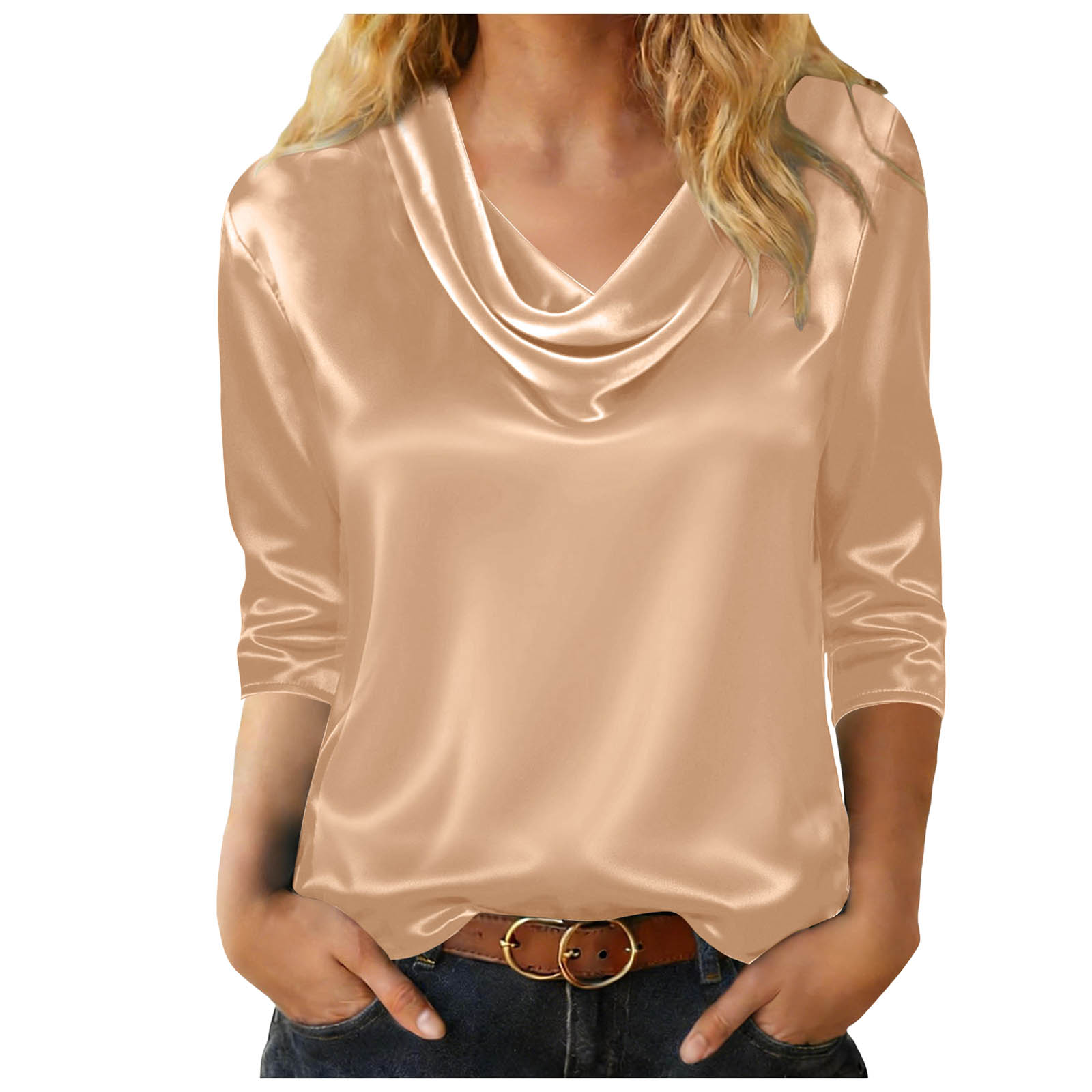 Chemise en satin à col châle pour femmes, rose, manches 3/4, chemise habillée décontractée à col châle, manches 4/4, hauts pour femmes, chemises de travail