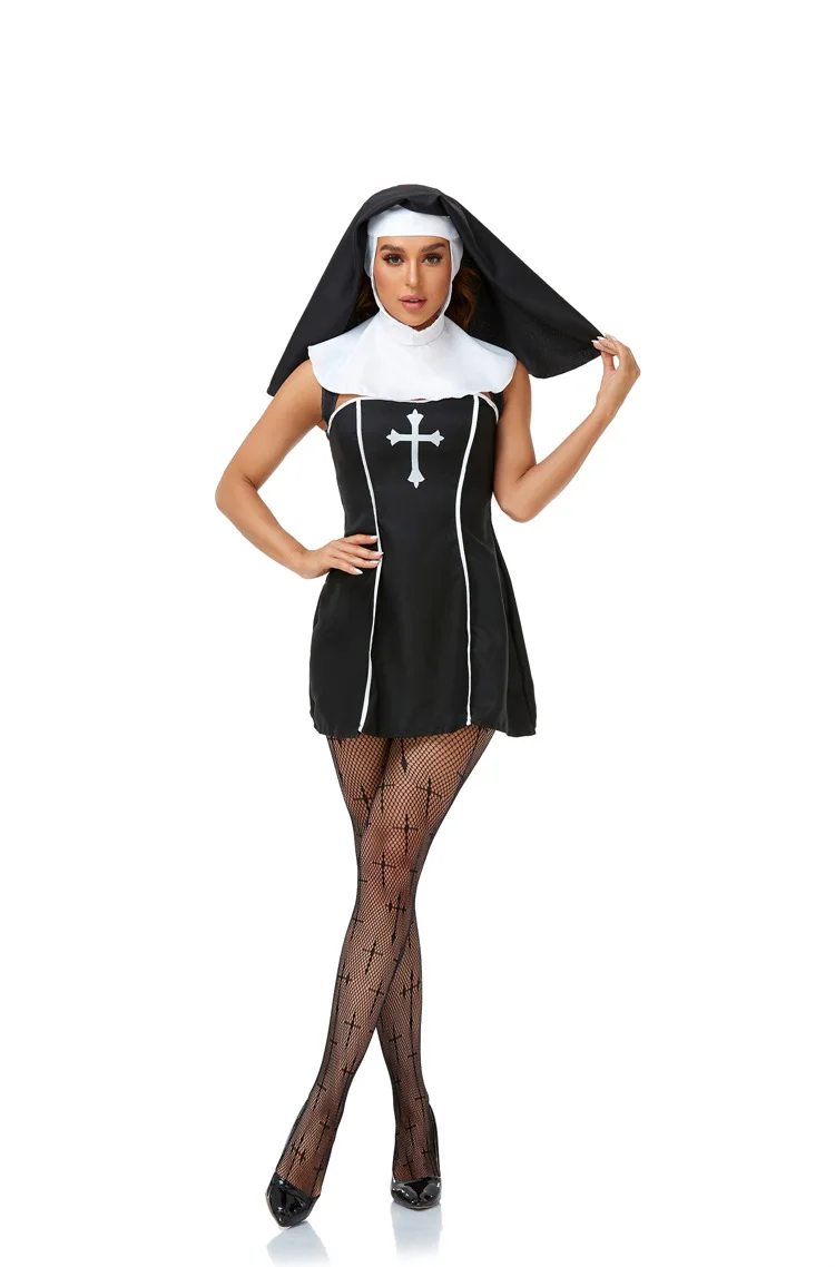 Costume de Cosplay de ixd'Halloween de Pâques pour Adulte, Sexy, Nonne, Femme, Prière, Enseignant, Noir et Blanc, Scène Trempée