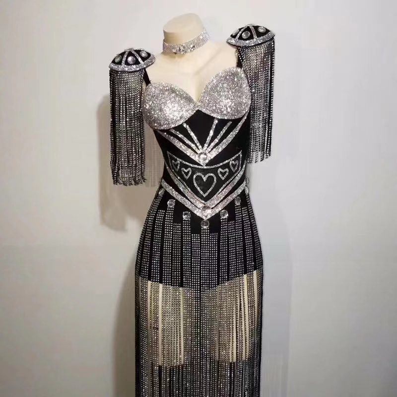 Tenue rave pour femmes, tenue de célébration, Showgirl, pompon en cristal, vêtements de scène, robe de danse de chanteur, tenue de spectacle d'événement