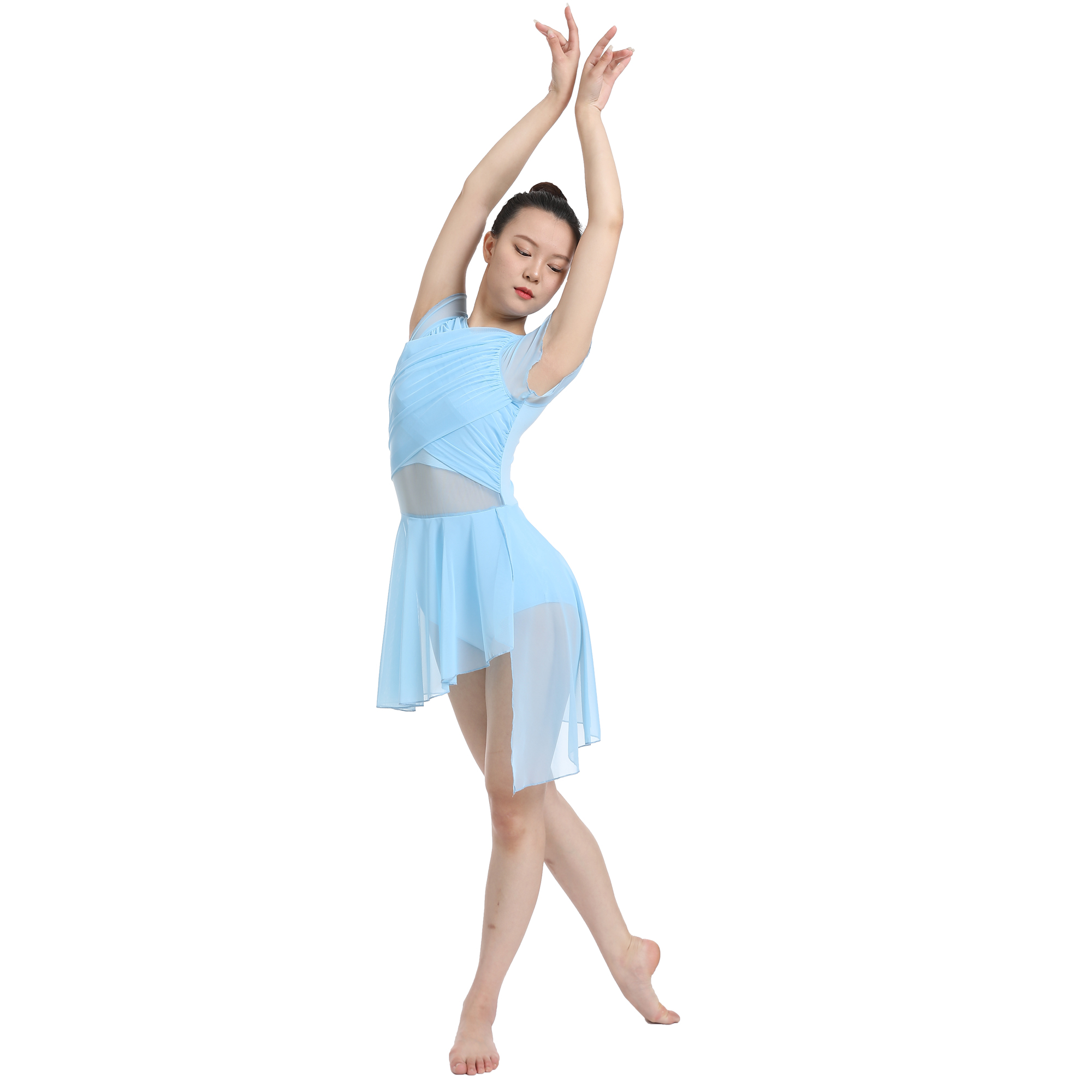 Robe de danse moderne lyrique pour femmes, jupe en maille à manches flottantes, Costume de danse contemporaine, dos creux goutte d'eau