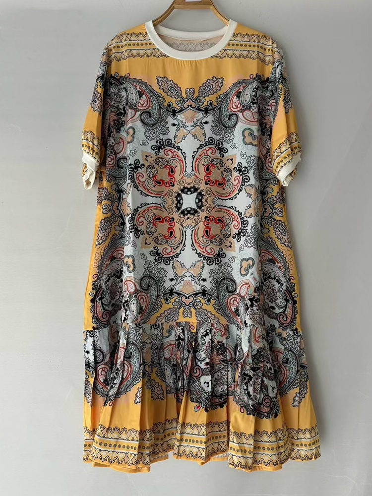 Mode élégante impression géométrique à manches courtes robe ample été femmes nouveau tempérament décontracté courte jupe droite