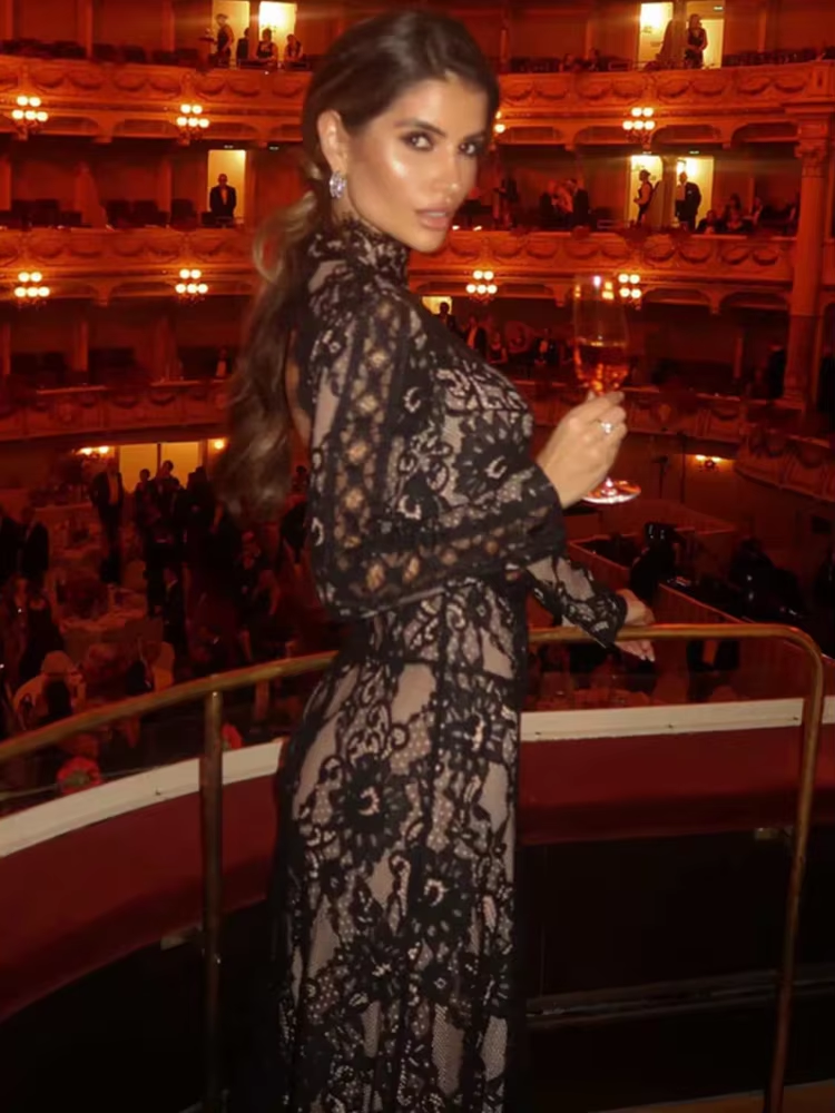 Huhugirl – robe longue en dentelle pour femmes, ajourée, unie, sexy, manches longues, fente, col montant, style streetwear, décontractée