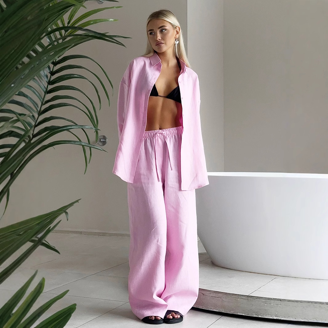 Ensemble classique décontracté en coton solide pour femmes, chemisier ample, pantalon droit, nouvelle mode, revers, manches longues, chemise à simple boutonnage