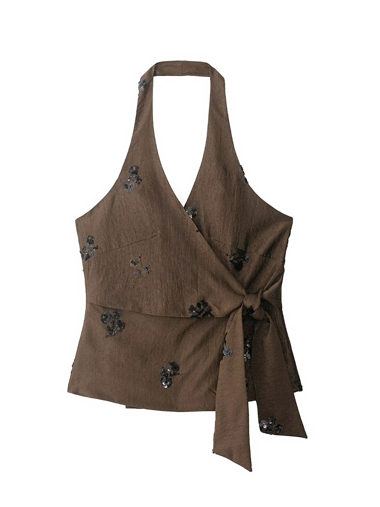 Ensemble 2 pièces d'été pour femme, haut cache-cœur marron à sequins floraux et pantalon large taille haute, tenue décontractée élégante style streetwear