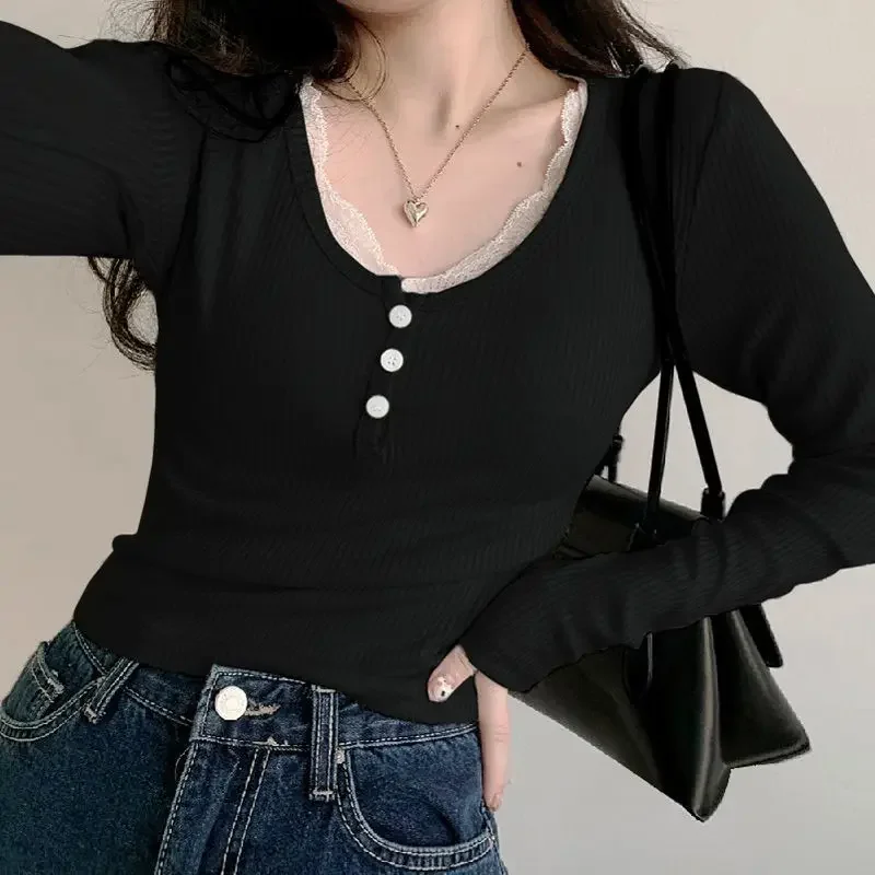 T-shirts à manches longues pour femmes, Slim, boutons en dentelle, Kawaii, Y2k, hauts décontractés, pulls, nouvelle collection printemps 2024