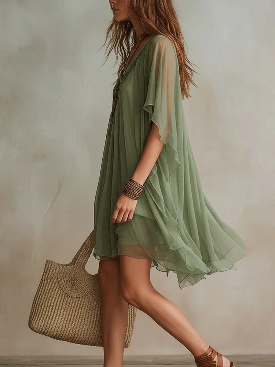Robe courte décontractée pour femme, style bohème, en mousseline, à manches mi-longues, col en V, ourlet irrégulier, superposée, idéale pour la plage ou les vacances