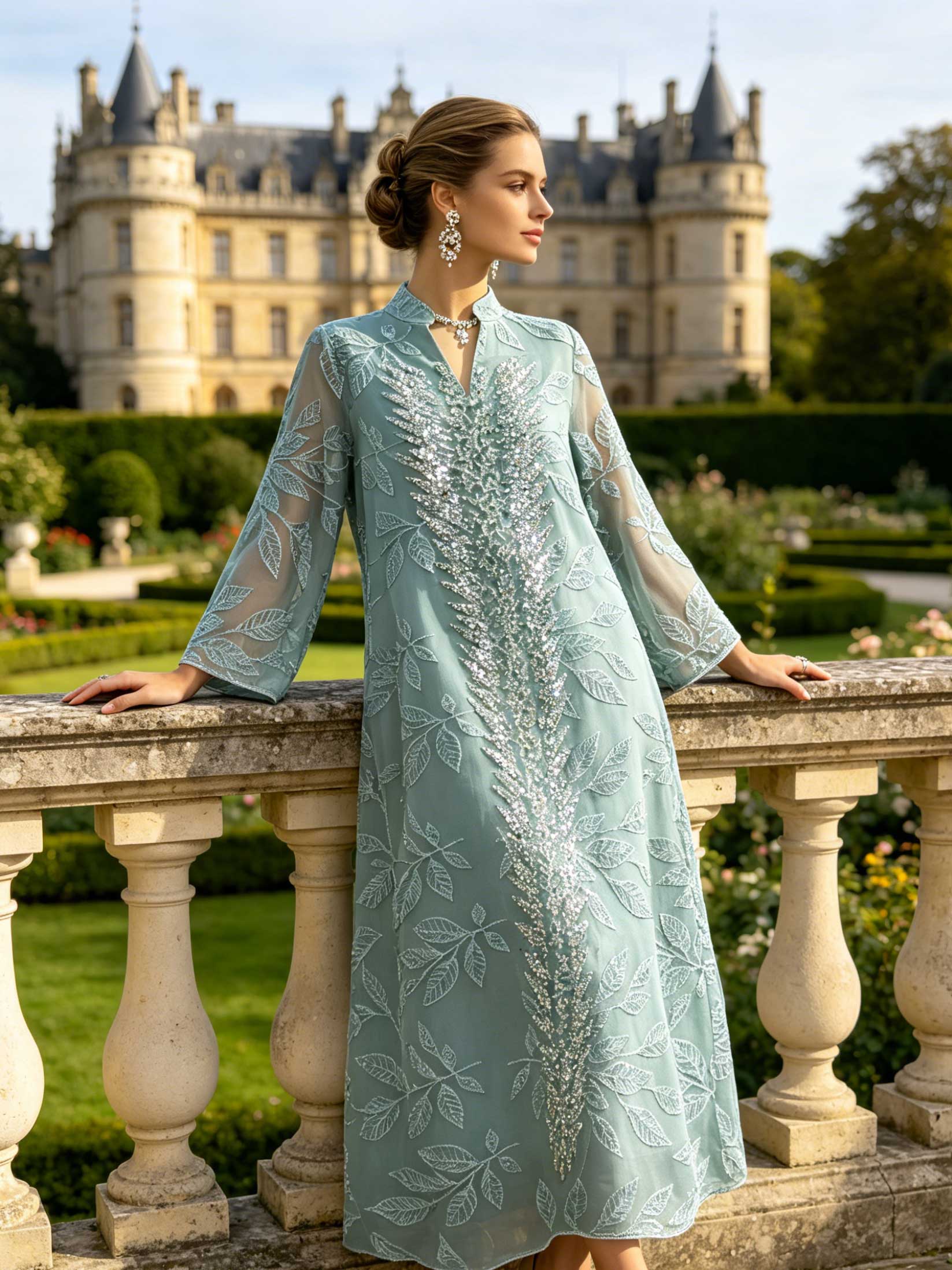 Abaya vert menthe pour femmes musulmanes avec broderie de feuilles en sequins argentés, Kaftan de Dubaï, robe élégante pour la prière du Ramadan et de l'Aïd, Turquie, Islamique