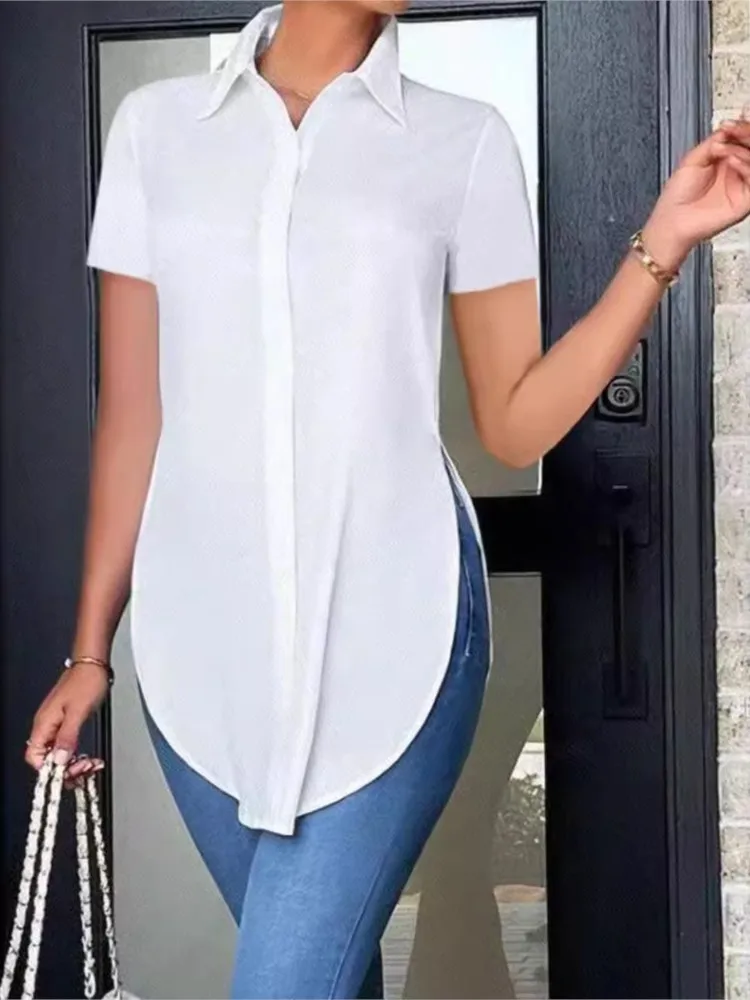 Chemise à manches courtes blanche pour femmes, chemisiers décontractés, chemises minces irrégulières, revers d'avocat de mode, streetwear d'été, vêtements pour femmes, Y-Wear