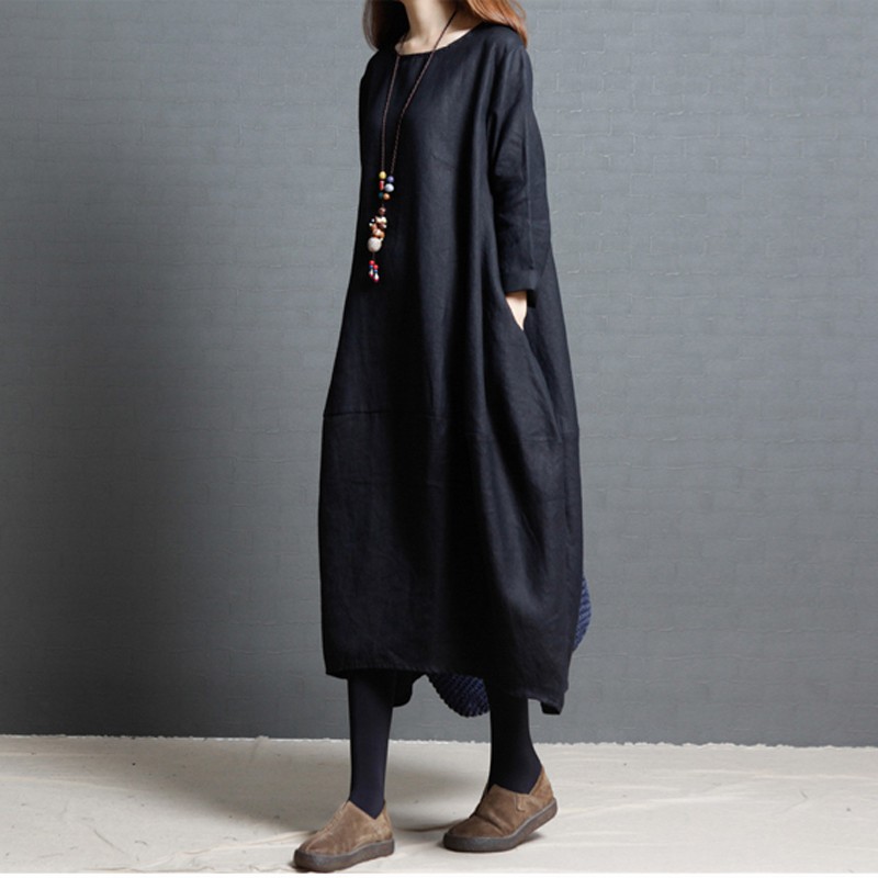 Robes pour femmes 2026 Nouvelle collection Printemps-Automne, amples, col rond, en coton et lin, manches longues, vêtements pour femmes, vestidoes