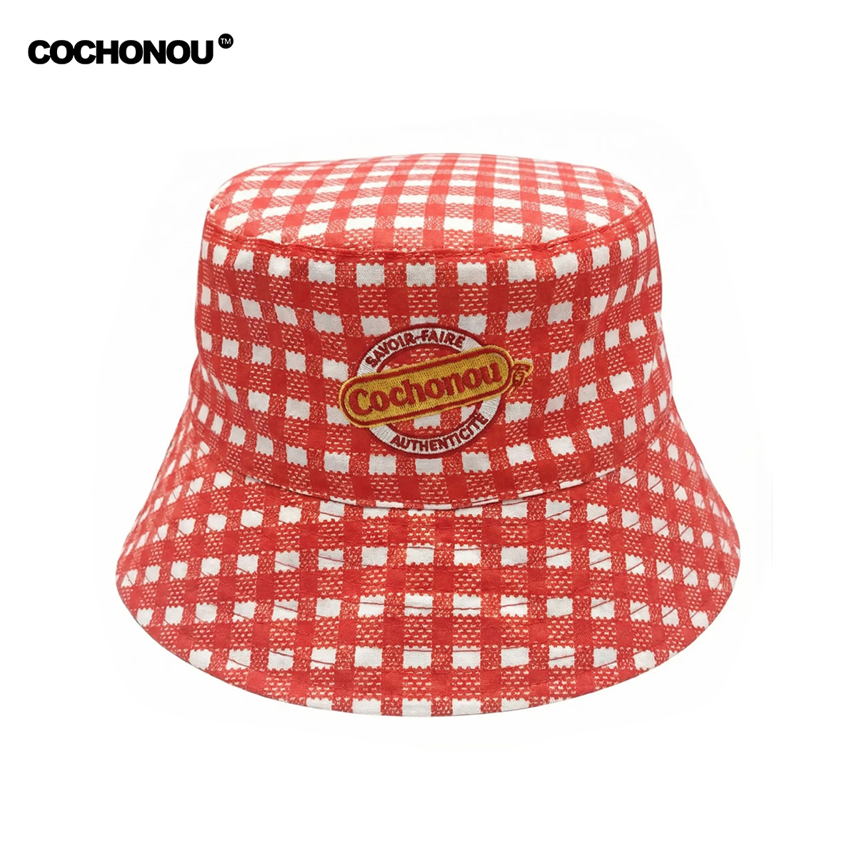 Chapeau Bob COCHONOU avec logo brodé, polyester à carreaux rouges, chapeau de soleil tendance pour homme et femme