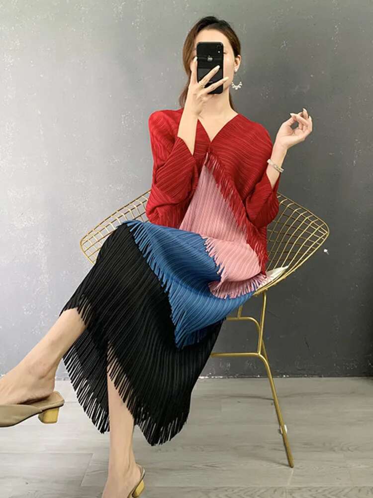 LANMREM-Robe de Nuit Plissée à Franges pour Femme, Patchwok, Manches Chauve-Souris, Mi-mollet, Mode Féminine, Été 2025, 2N789