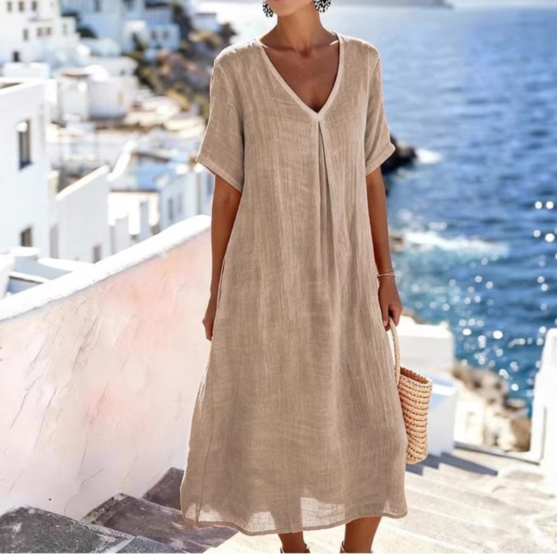 Robe vintage pour femmes, décontractée, printemps et été, jupe longue ample, manches courtes, col en v, robes unies en coton et lin pour femmes
