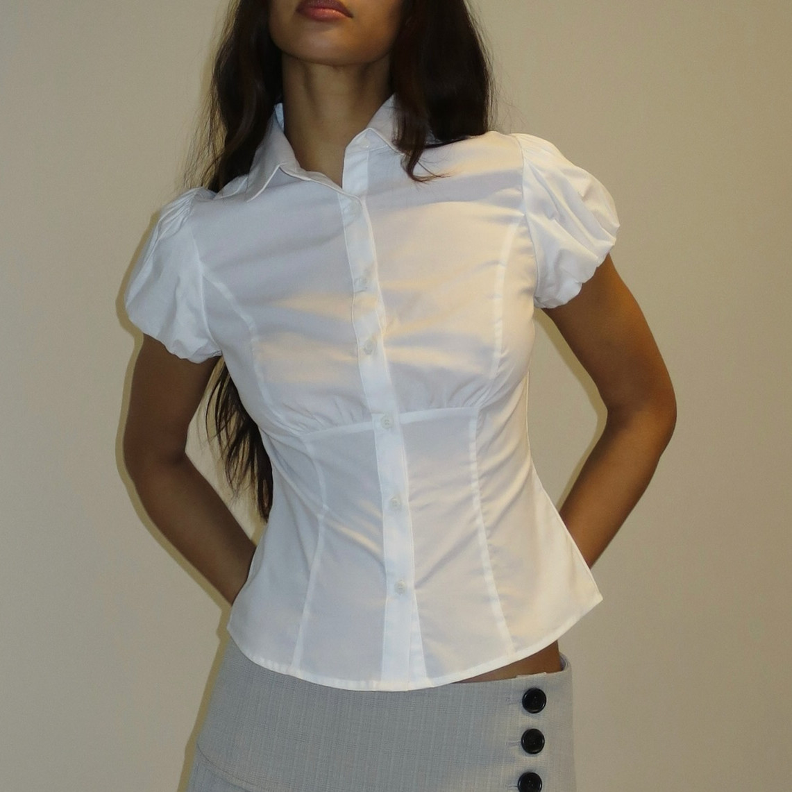 Chemise boutonnée décontractée pour femmes, couleur unie/imprimé de points, manches à bulles, chemisier pour Streetwear, vêtements esthétiques Y2K