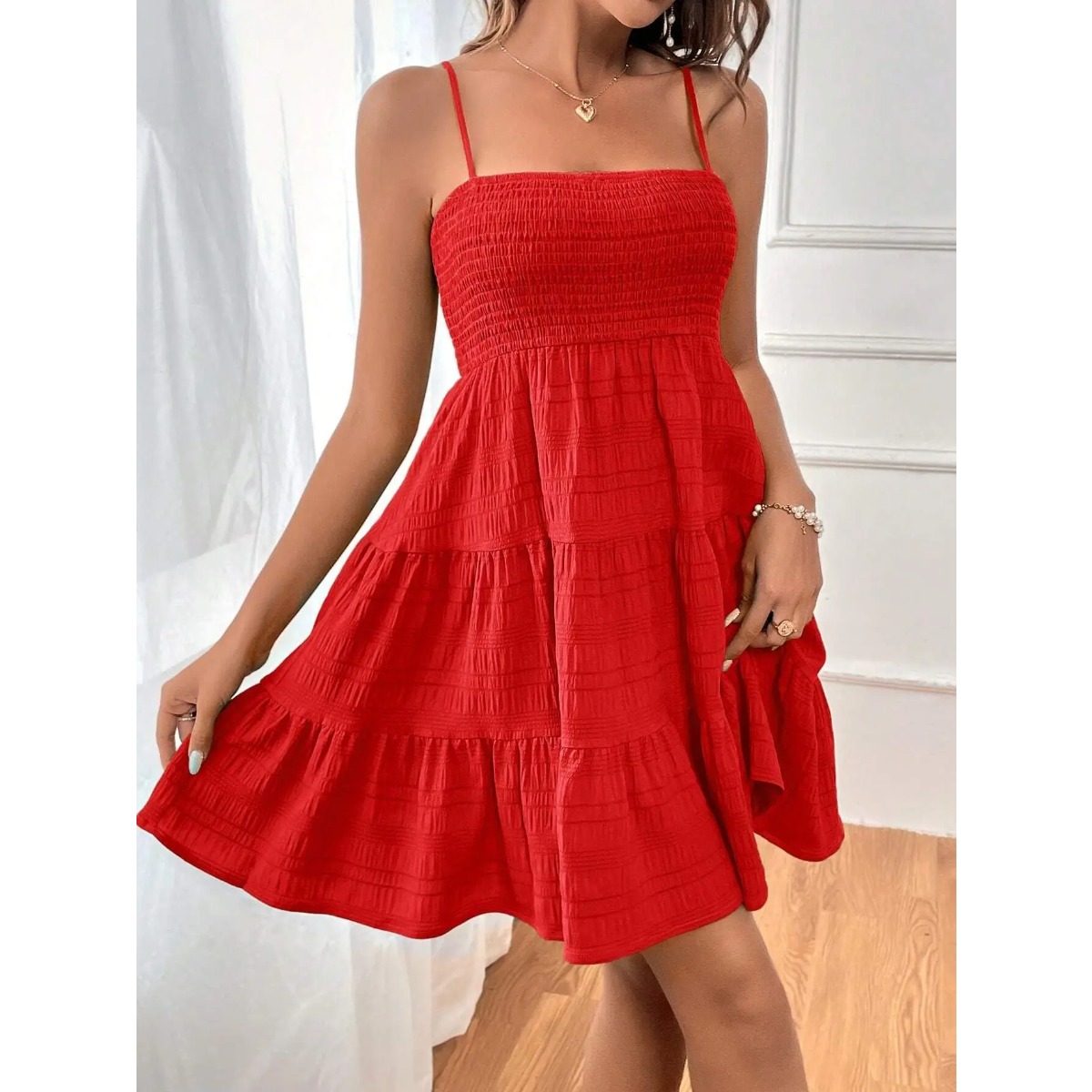 Robe mini bustier smockée à bretelles spaghetti pour femmes, robe à volants à étages bleue, robe décontractée d'été, tenue de plage pour les vacances