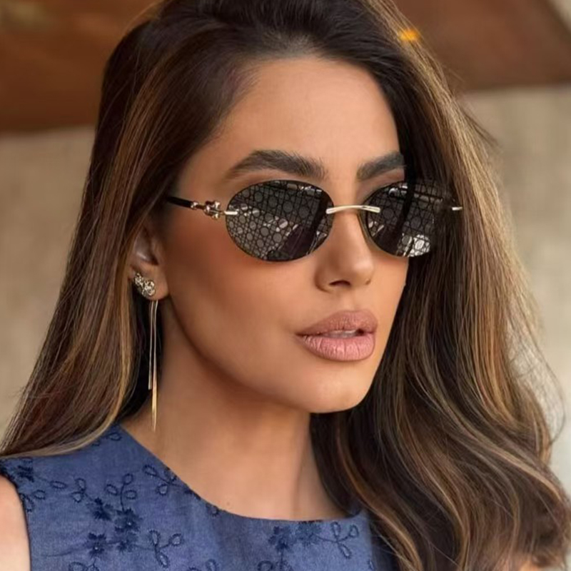 Lunettes de soleil ovales sans cadre pour femmes, marque de luxe, mode, petite monture métallique, rondes, sans bords, nuances élégantes, UV400