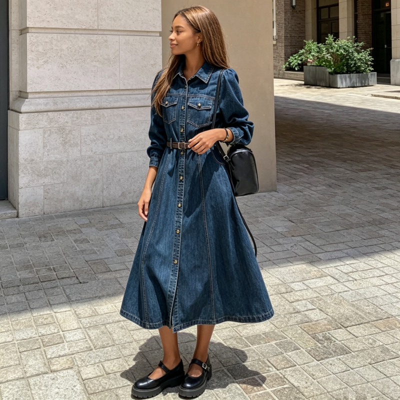 Robe en jean pour femme, coupe trapèze, col rabattu, manches longues, ceinture, longueur mi-longue, élégante, style Y2K, streetwear, pour le travail, Printemps 2026