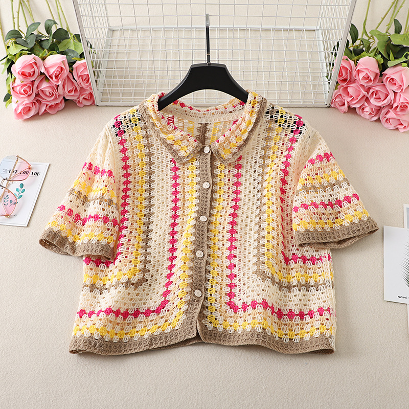 Chemise en crochet boutonnée pour femmes, manches courtes, chemisier coloré, tricot ouvert, cache-maillot, printemps été 2026, style bohème, festival