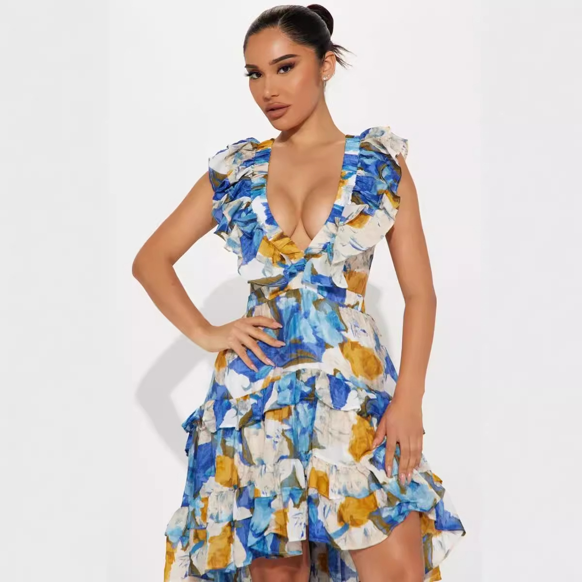 Femmes robe imprimée une ligne sans manches robes à bretelles col en V taille haute robe de soirée bal plissé décontracté pli robes bohème