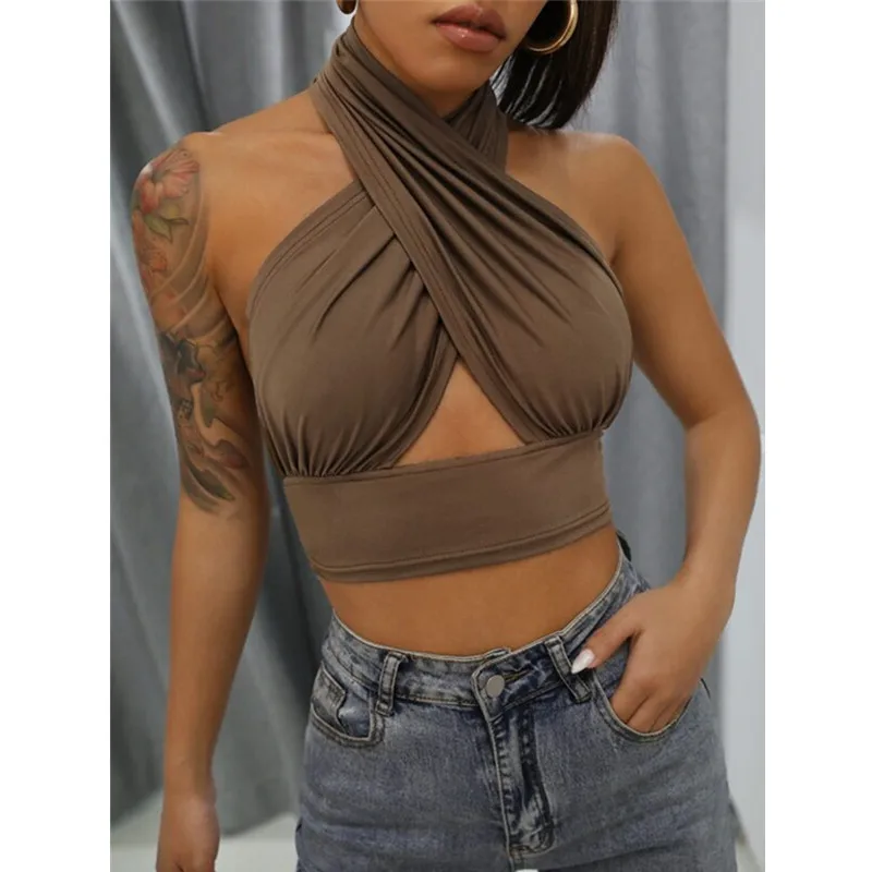 Camisole dos nu croisé pour femme, caraco licou, haut court, précieux, monochromatique, streetwear en fibre mince, été