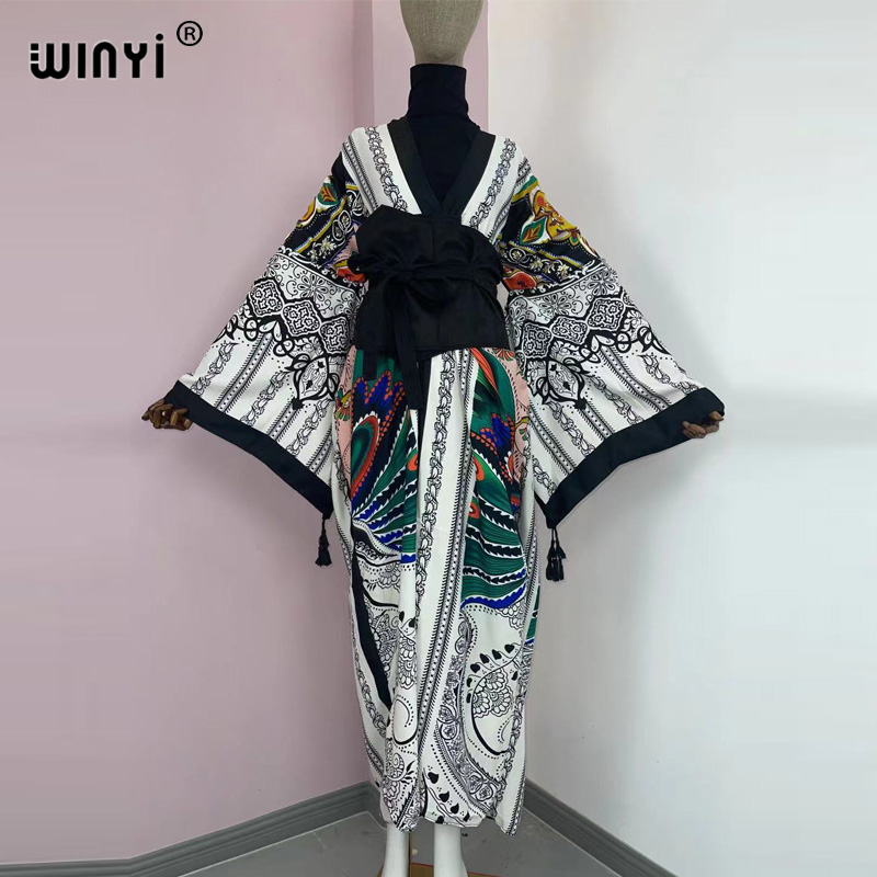 WINYI 2022 Robe chemise mi-longue pour femmes, style kimono, mode vintage, imprimé floral totem, ceinture à la taille, manches longues, décontractée, coupe ajustée, vestidos