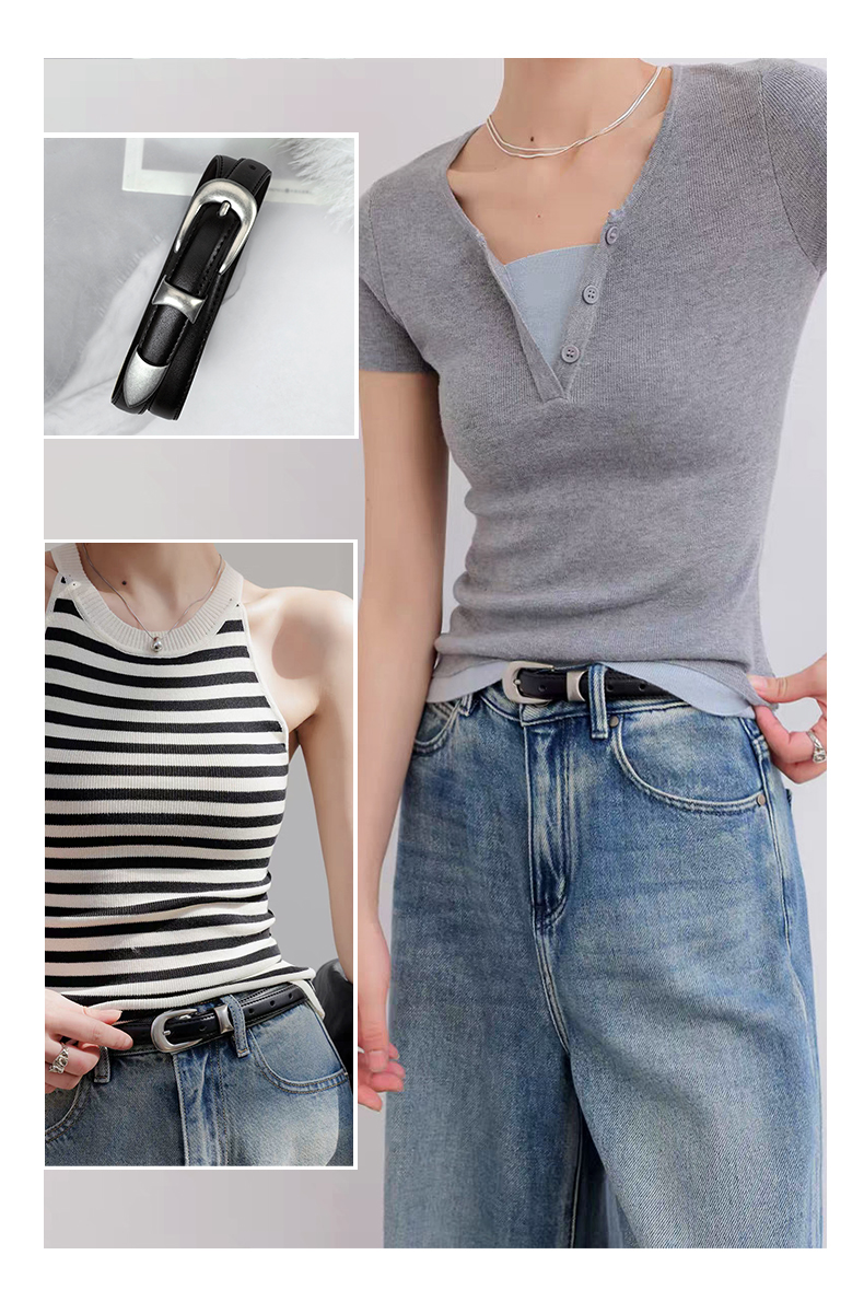 Ceinture décontractée en cuir pour femmes, de luxe, slim, à la mode, pour pantalons en jean, robes avec boucle en métal argenté